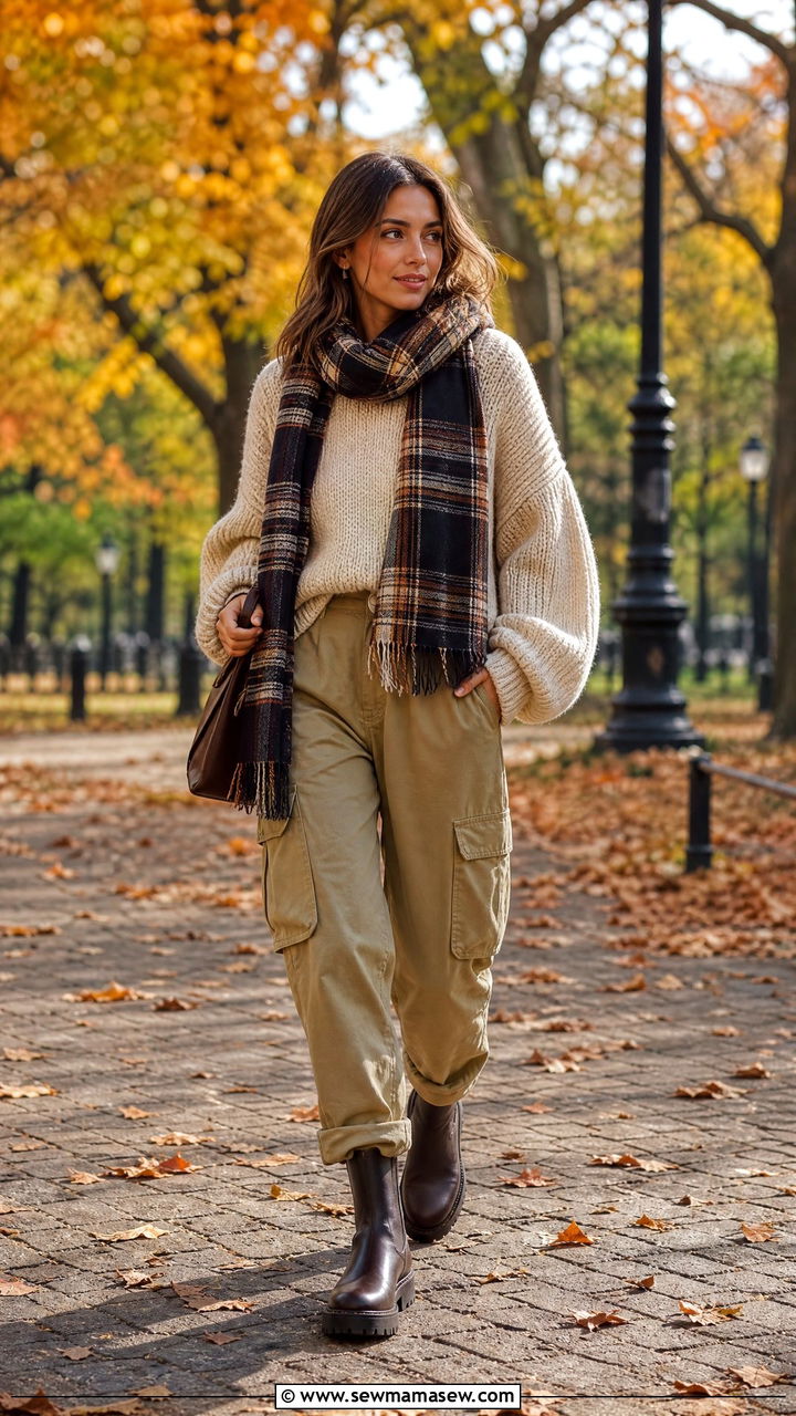 Cargo Pants With Chunky Knit Sweater Outfit - 25 cargo pants outfits for women over 40