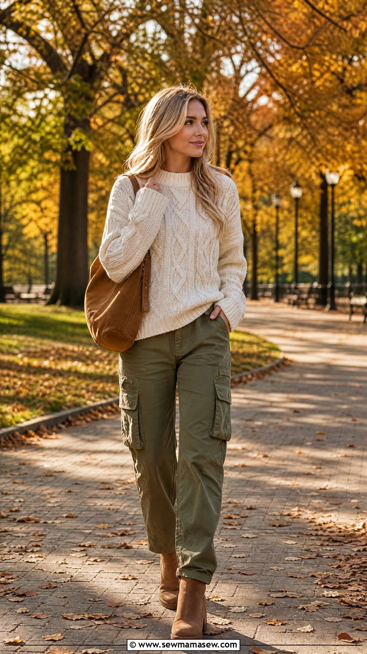 Cargo Pants With Chunky Knit Sweater and Ankle Boots - 30 cute cargo pants outfits