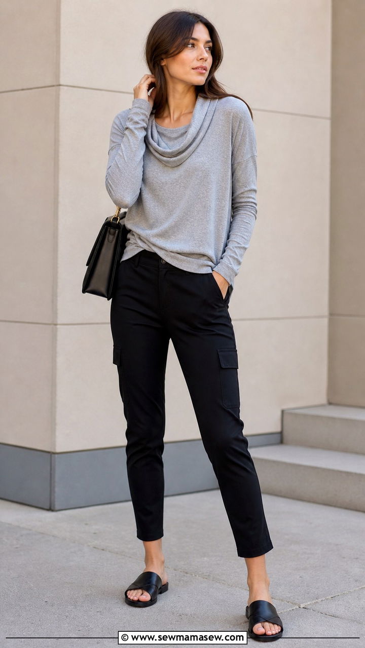 Cargo Pants With Cowl Neck Top and Slide Sandals - 40 cargo pants outfit ideas
