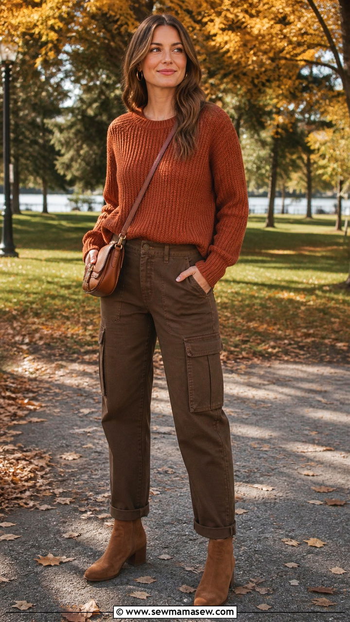Cargo Pants With Crew Neck Sweater and Ankle Boots - 40 cargo pants outfit ideas
