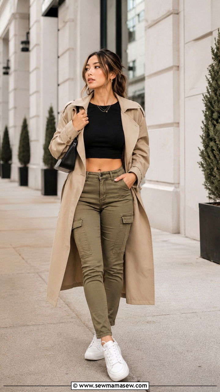 Cargo Pants With Crop Top And Trench - 30 transitional petite outfit ideas