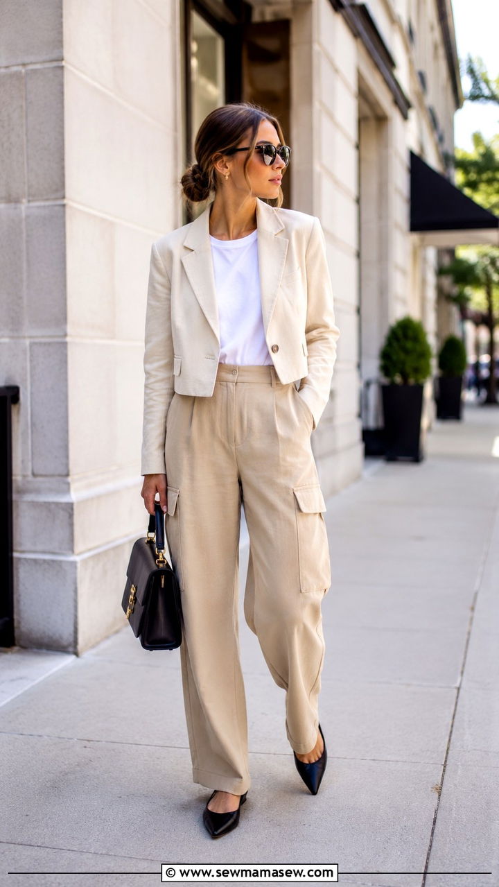 Cargo Pants With Cropped Blazer and Pointed Toe Flats - 30 How to style cargo pants in spring