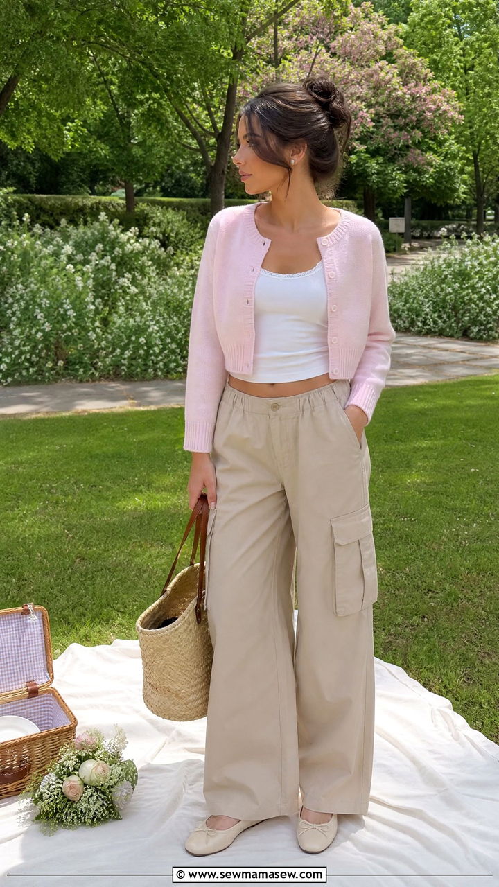 Cargo Pants With Cropped Cardigan and Ballet Flats - 25 cargo pants outfits aesthetic
