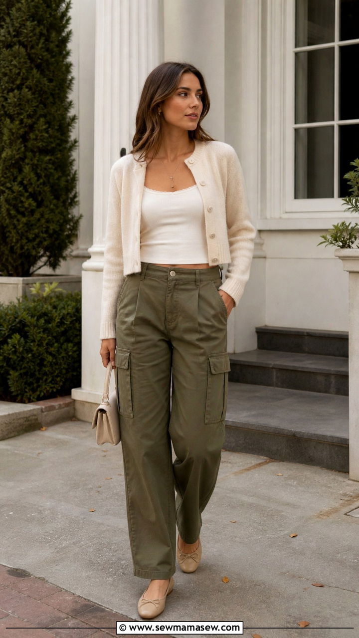 Cargo Pants With Cropped Cardigan and Ballet Flats - 40 cargo pants outfit ideas