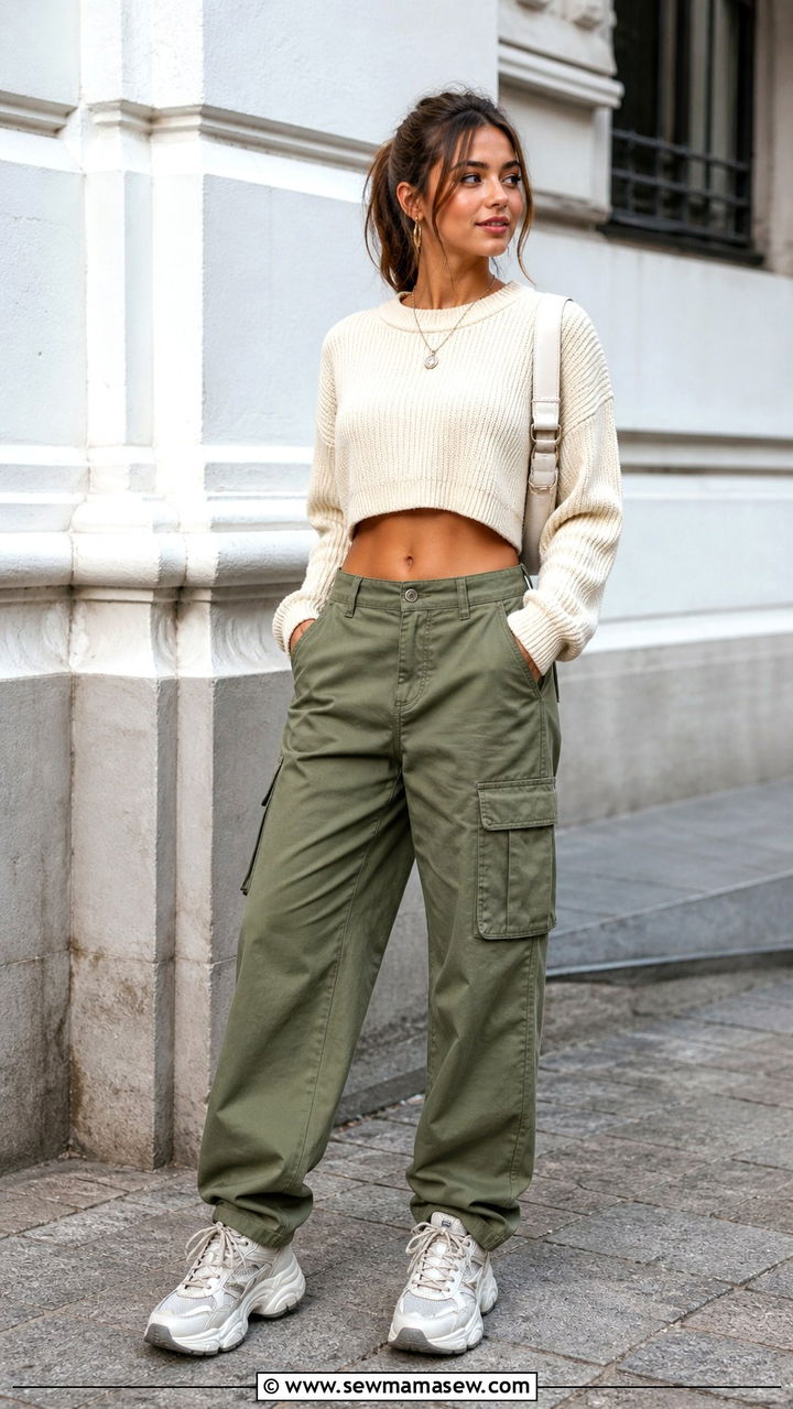 Cargo Pants With Cropped Sweater And Dad Sneakers - 40 cute sneaker outfits