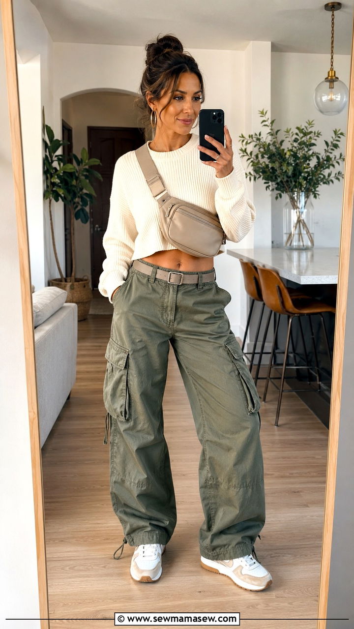 Cargo Pants With Cropped Sweater And Sneakers - 30 stay at home mom outfit ideas