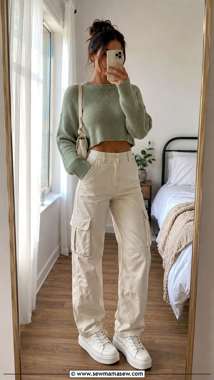 Cargo Pants With Cropped Sweater and Platform Sneakers - 30 How to style cargo pants in spring
