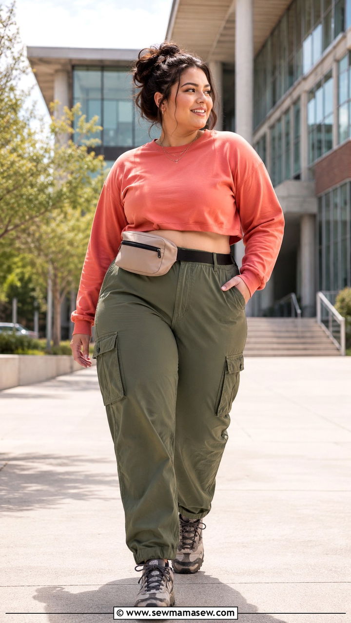 Cargo Pants With Cropped Sweatshirt And Hiking Style Sneakers - 30 Plus size outfit ideas for college