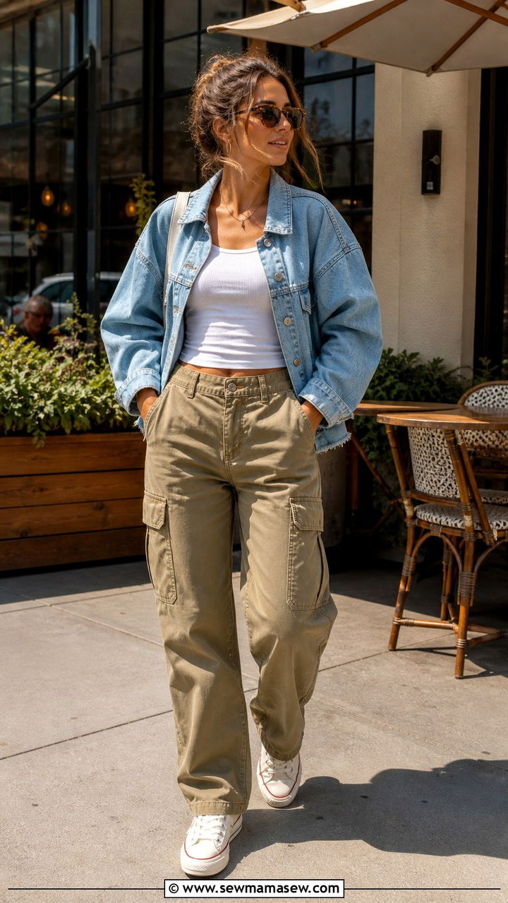 Cargo Pants With Denim Jacket And Sneakers - 40 casual cargo pants outfits
