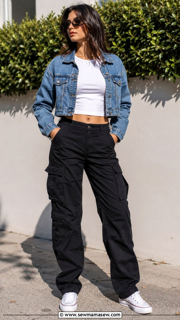 Cargo Pants With Denim Jacket And White Sneakers - 30 how to style cargo pants outfits