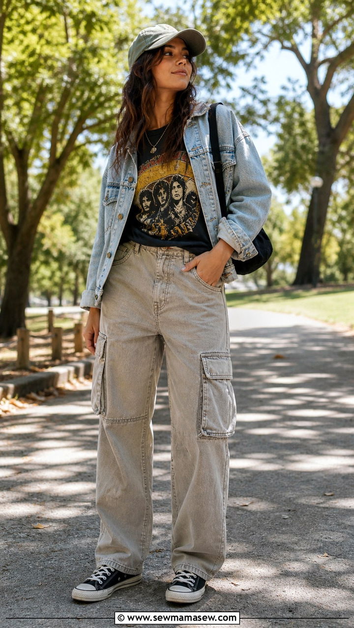 Cargo Pants With Denim Jacket and Graphic Tee Outfit - 40 cargo pants outfit ideas for women
