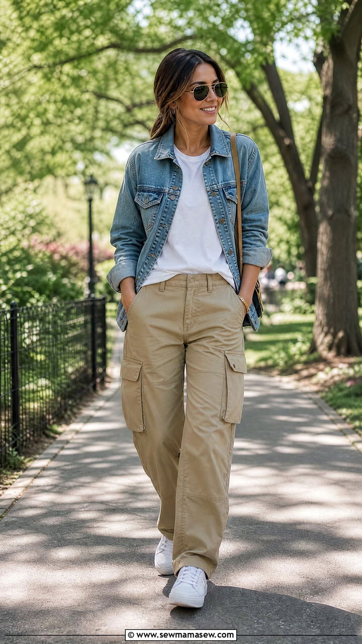 Cargo Pants With Denim Jacket and White Sneakers - 30 cute cargo pants outfits