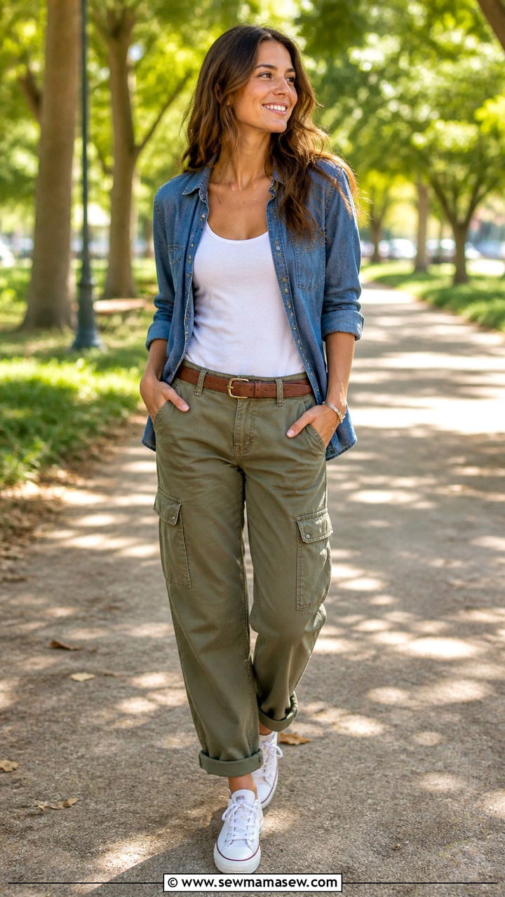 Cargo Pants With Denim Shirt And Canvas Sneakers - 40 casual cargo pants outfits