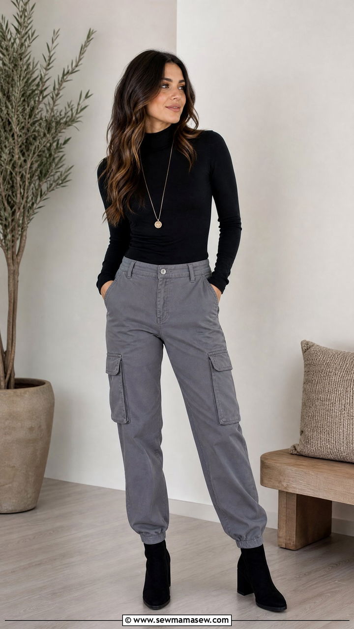 Cargo Pants With Fitted Turtleneck Outfit - 25 cargo pants outfits for women over 40