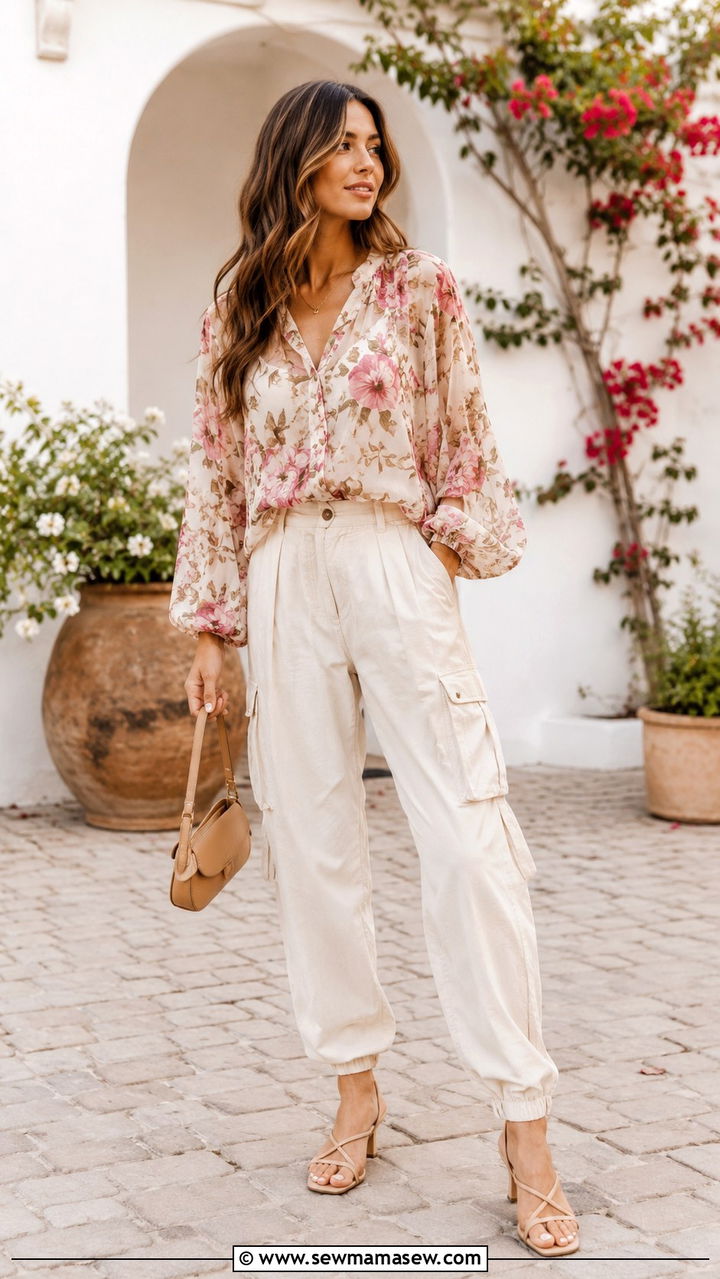Cargo Pants With Floral Blouse And Strappy Mules - 30 Cargo pants outfit ideas for summer