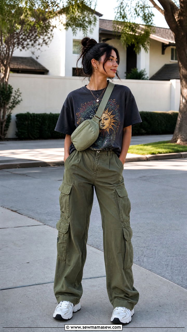 Cargo Pants With Graphic Tee And Sneakers Outfit - 25 cargo pants outfits for women over 40