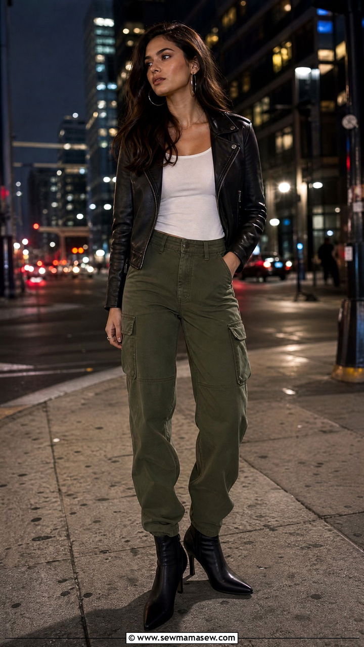 Cargo Pants With Leather Jacket and Ankle Boots - 25 cargo pants outfits aesthetic