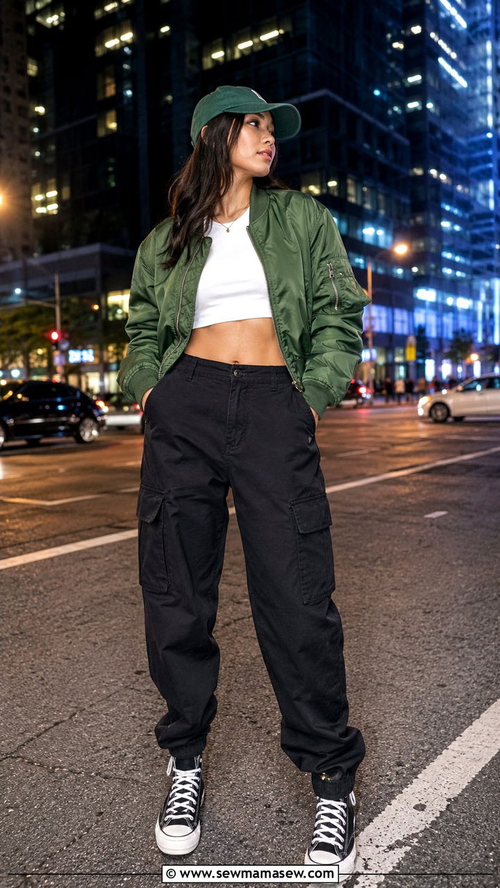 Cargo Pants With Lightweight Bomber Jacket And High Top Sneakers - 30 Cargo pants outfit ideas for summer