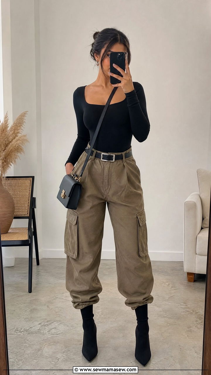 Cargo Pants With Long Sleeve Bodysuit and Sock Boots - 30 cute cargo pants outfits