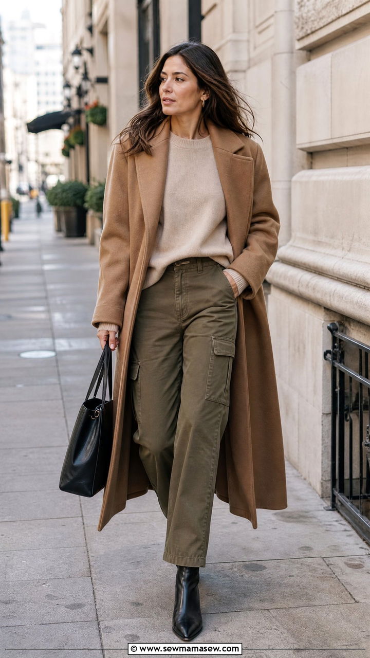 Cargo Pants With Long Wool Coat Outfit - 25 cargo pants outfits for women over 40
