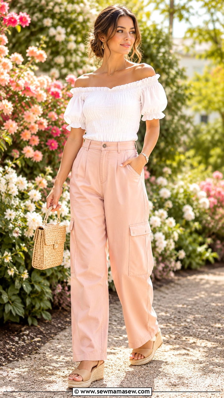 Cargo Pants With Off Shoulder Blouse And Wedge Sandals - 30 Cargo pants outfit ideas for summer