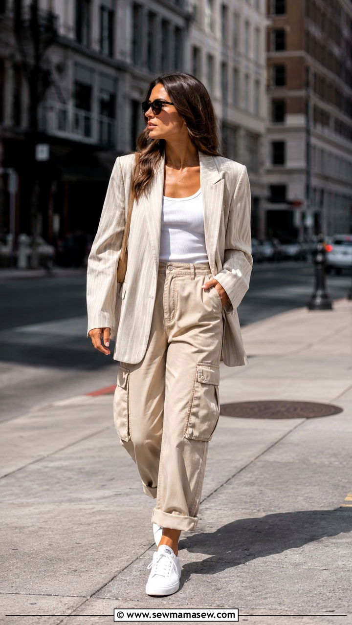 Cargo Pants With Oversized Blazer And Bare Ankle Sneakers - 30 Cargo pants outfit ideas for summer