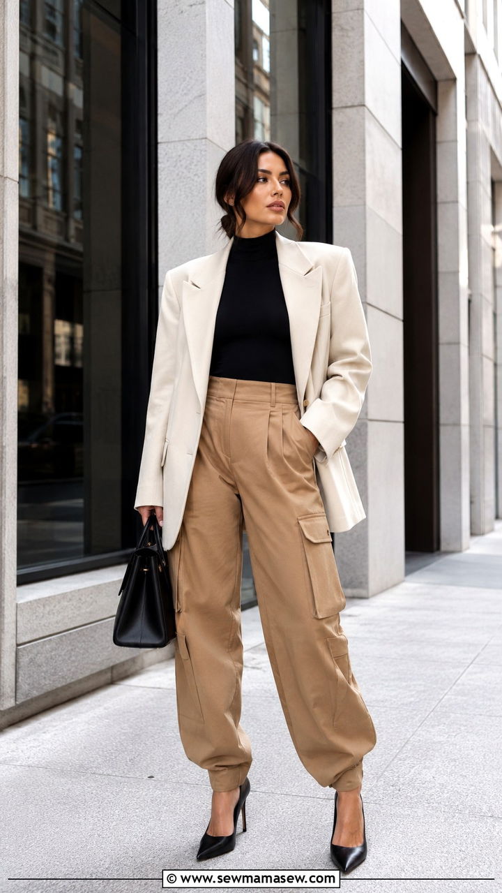 Cargo Pants With Oversized Blazer And Pointed Toe Pumps - 30 how to style cargo pants outfits