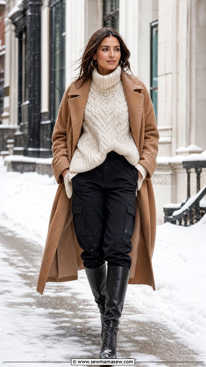 Cargo Pants With Oversized Sweater And Knee High Boots Outfit - 25 cargo pants outfits for women over 40