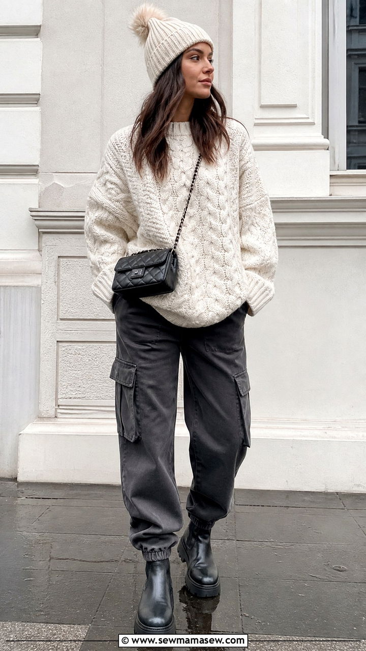 Cargo Pants With Oversized Sweater and Lug Sole Boots - 40 cargo pants outfit ideas