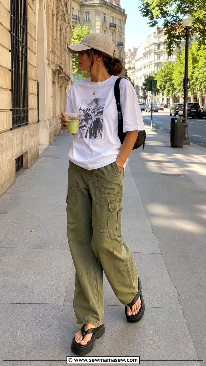 Cargo Pants With Oversized T Shirt And Sporty Flip Flops - 20 spring outfits with flip flops