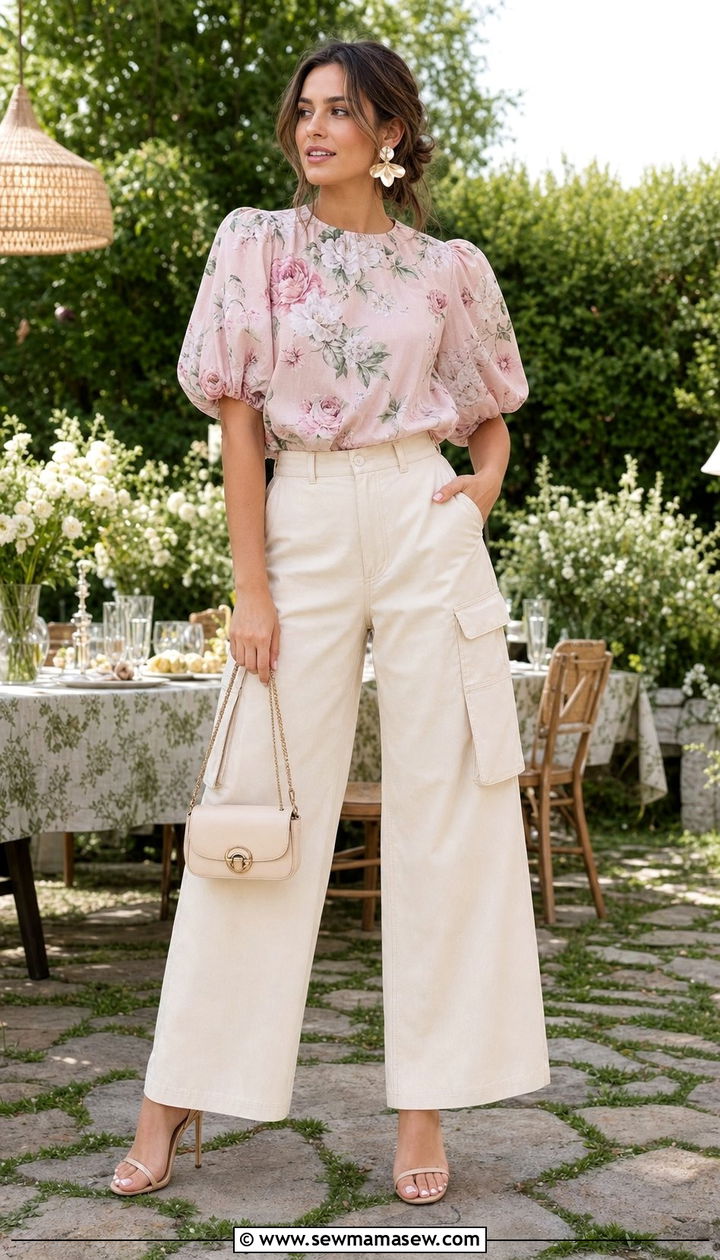 Cargo Pants With Puff Sleeve Blouse Spring Outfit - 25 Spring outfits with cargo pants
