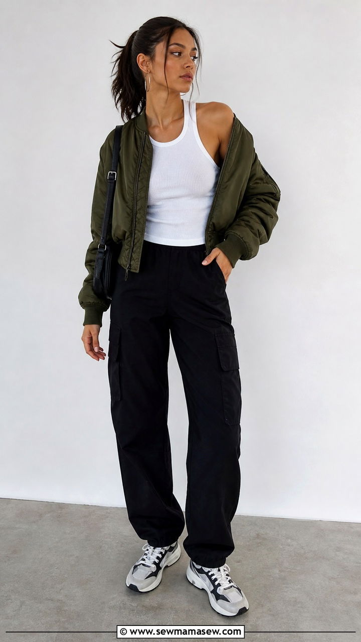Cargo Pants With Racer Tank and Bomber Jacket - 40 cargo pants outfit ideas