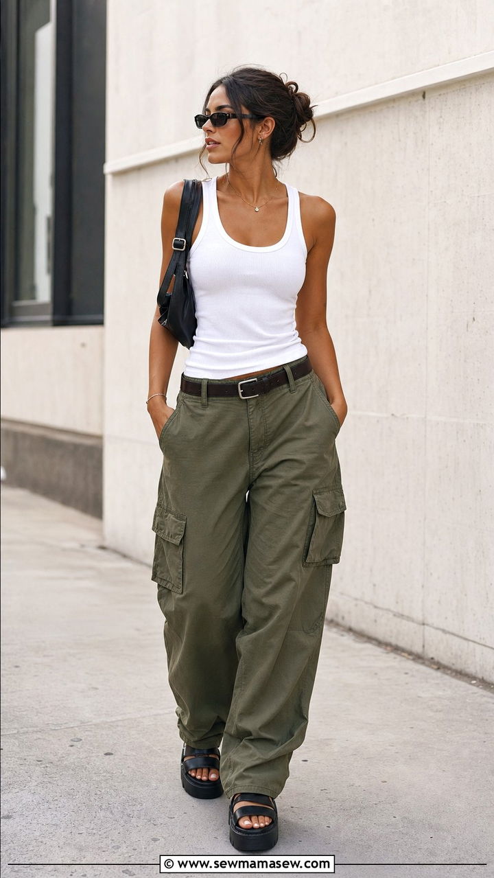 Cargo Pants With Ribbed Tank Top Spring Outfit - 25 spring outfit ideas inspo
