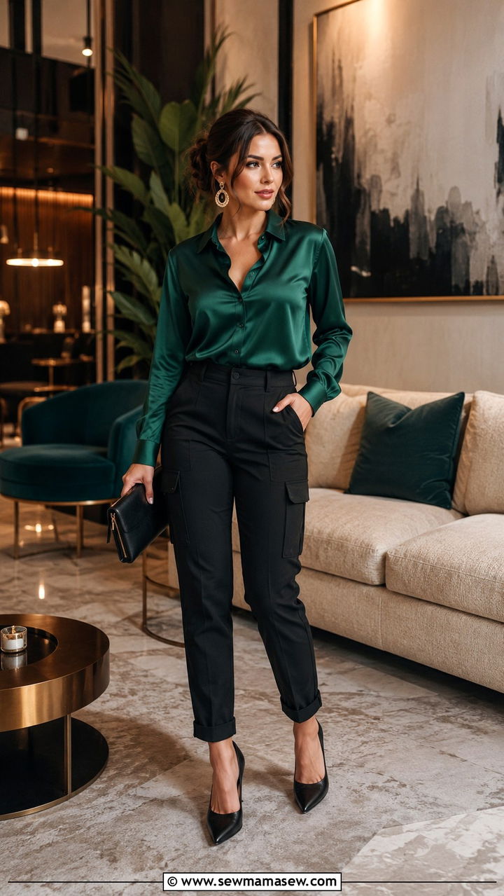 Cargo Pants With Satin Blouse and Pointed Toe Heels - 30 How to style cargo pants in spring