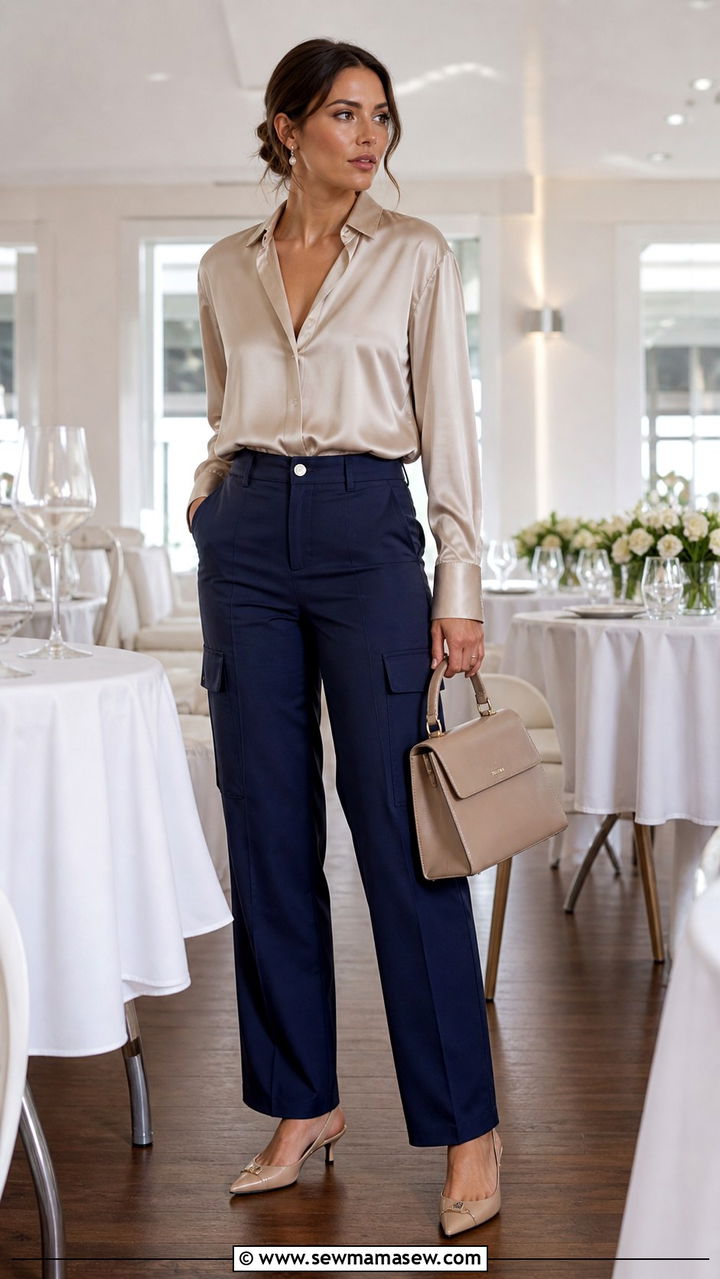 Cargo Pants With Silk Blouse and Kitten Heel Slingbacks - 40 cargo pants outfit ideas