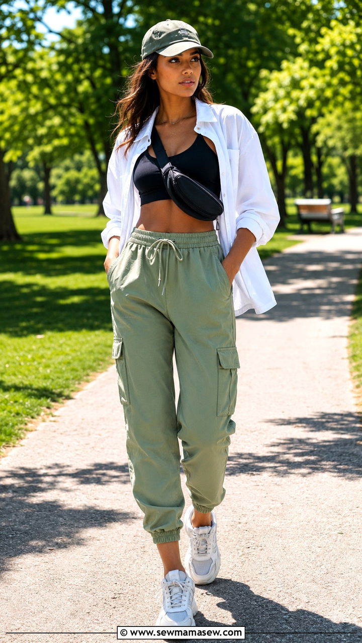 Cargo Pants With Sports Bra And Open Overshirt - 30 Cargo pants outfit ideas for summer