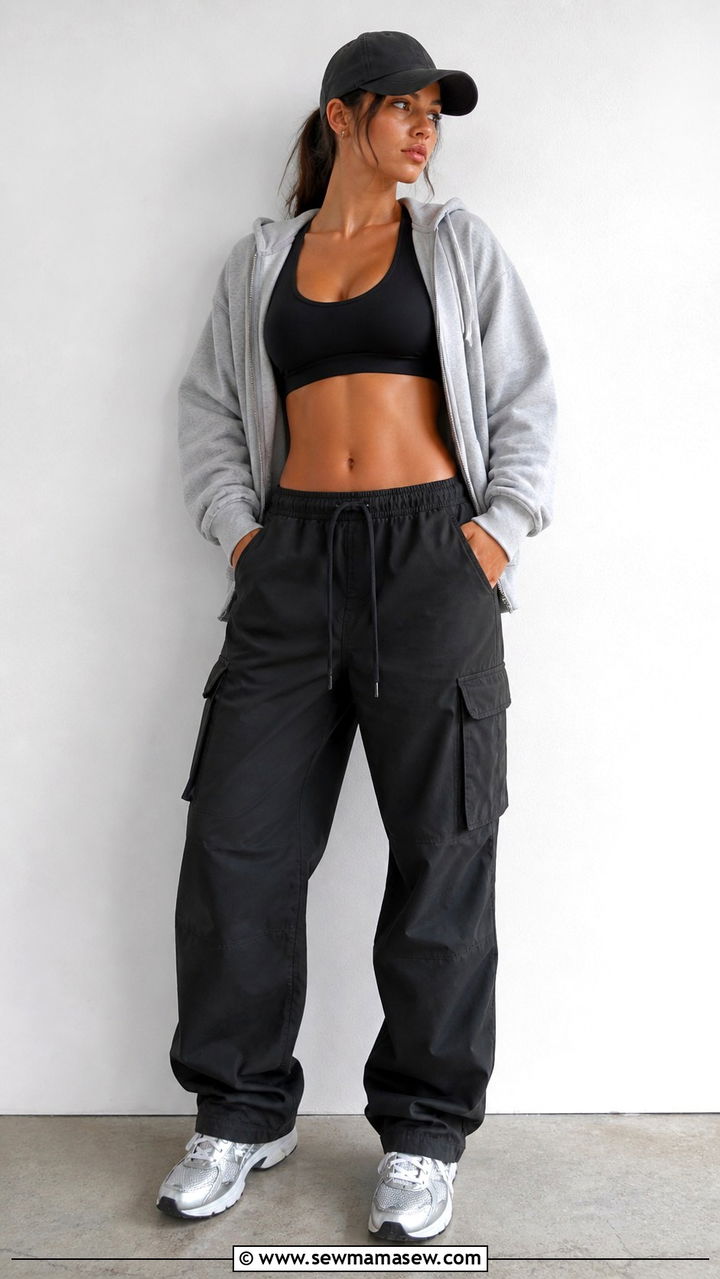 Cargo Pants With Sports Bra and Zip Up Hoodie - 40 cargo pants outfit ideas