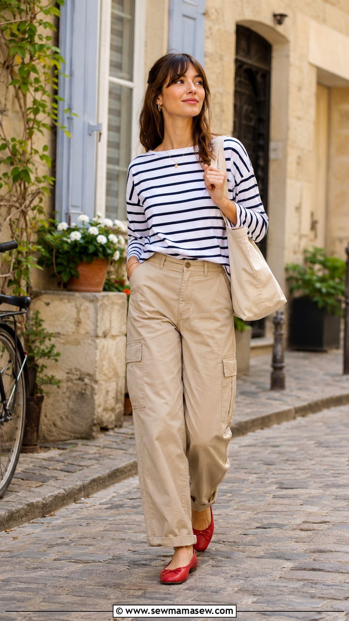 Cargo Pants With Striped Breton Shirt And Ballet Flats - 20 cargo pants outfits 2026