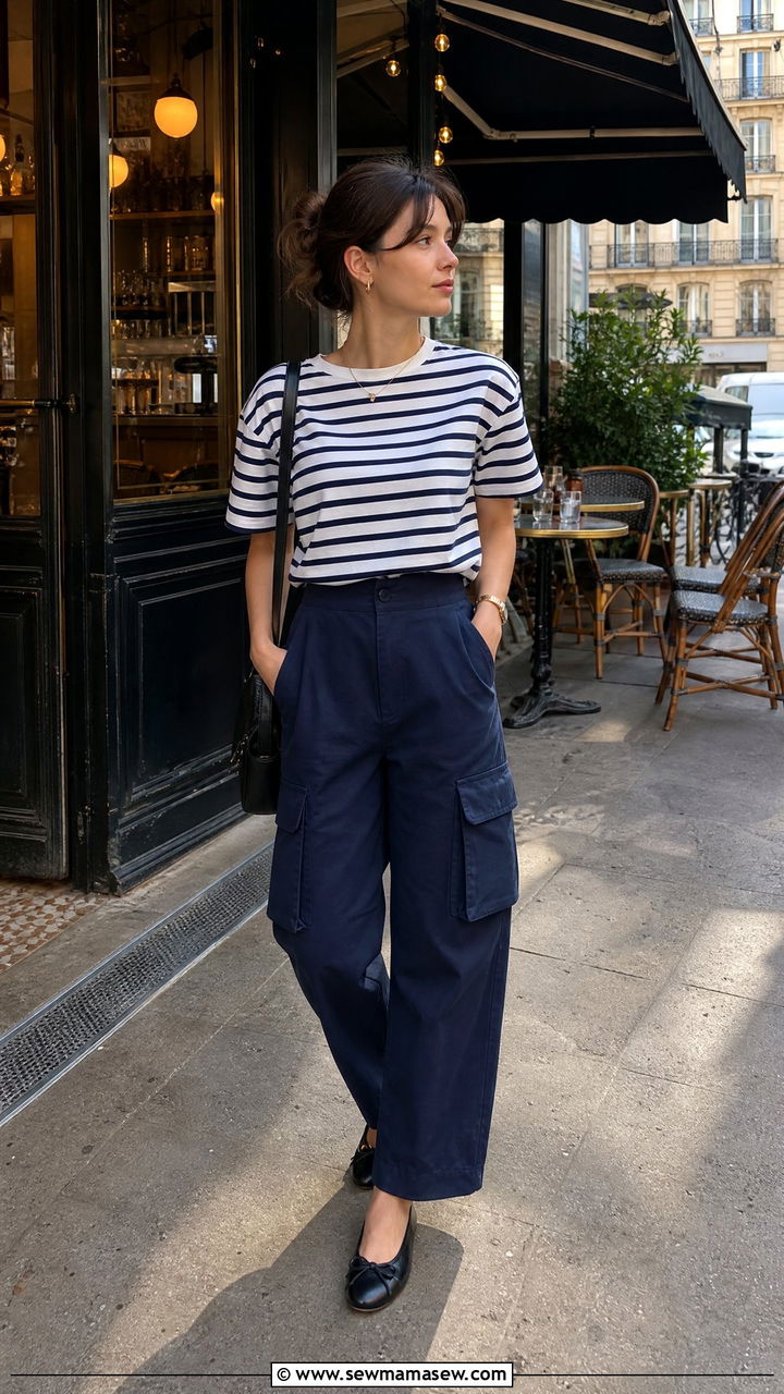 Cargo Pants With Striped Breton Tee And Ballet Flats - 25 Cargo pants outfit ideas petite