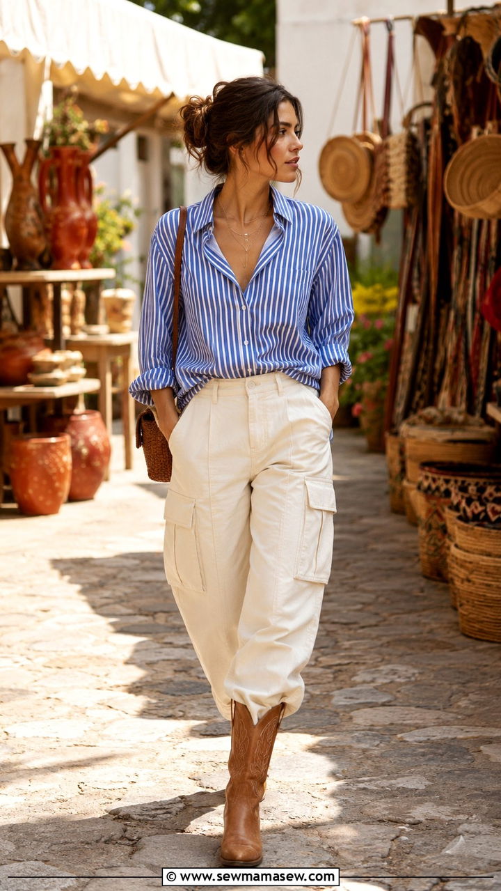 Cargo Pants With Striped Button Down And Cowboy Boots - 30 how to style cargo pants outfits