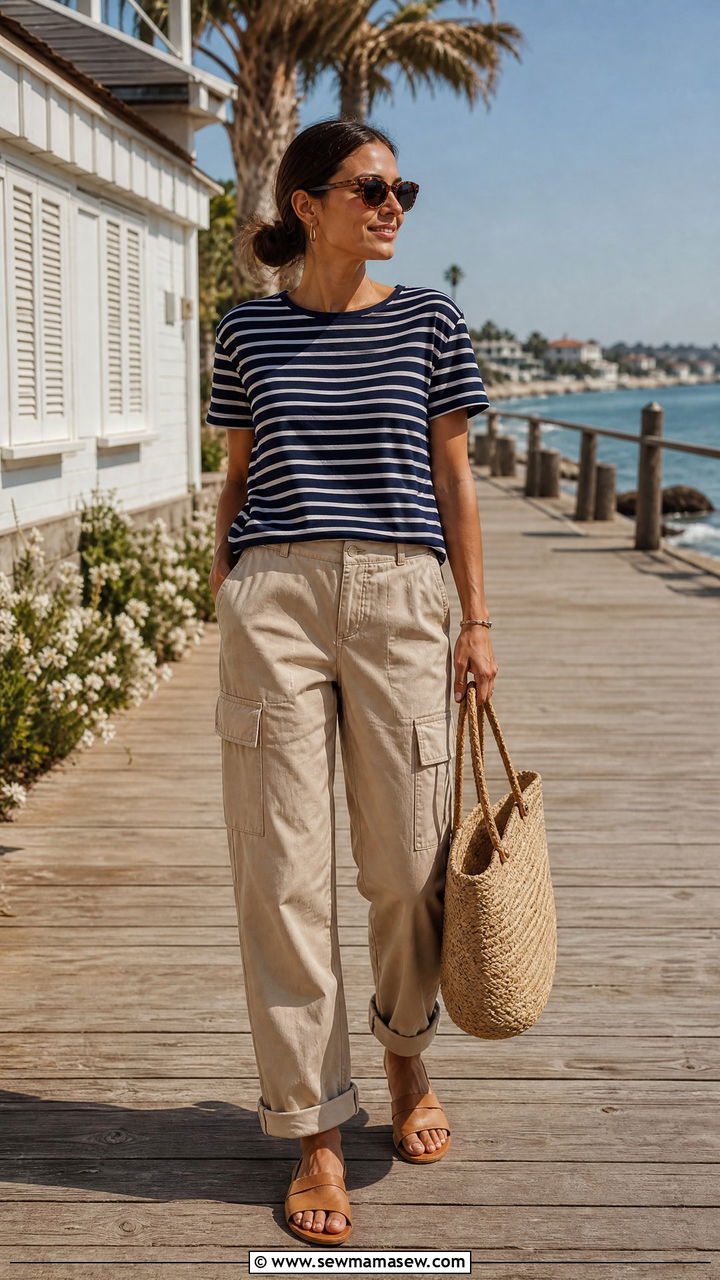Cargo Pants With Striped Tee And Sandals Outfit - 25 cargo pants outfits for women over 40