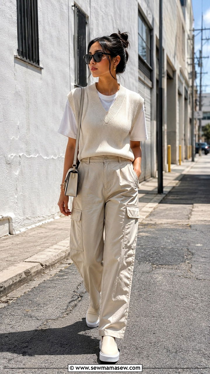 Cargo Pants With Sweater Vest And Slip On Sneakers - 30 Cargo pants outfit ideas for summer
