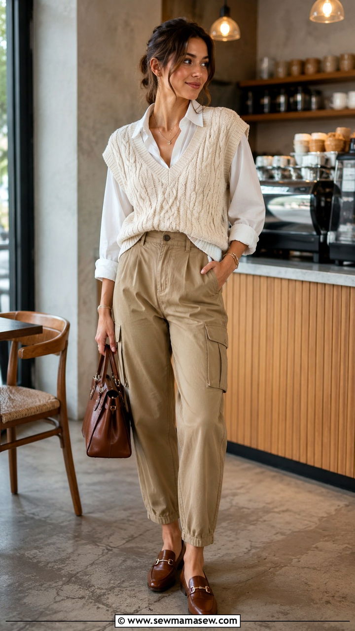 Cargo Pants With Sweater Vest and Loafers - 30 How to style cargo pants in spring