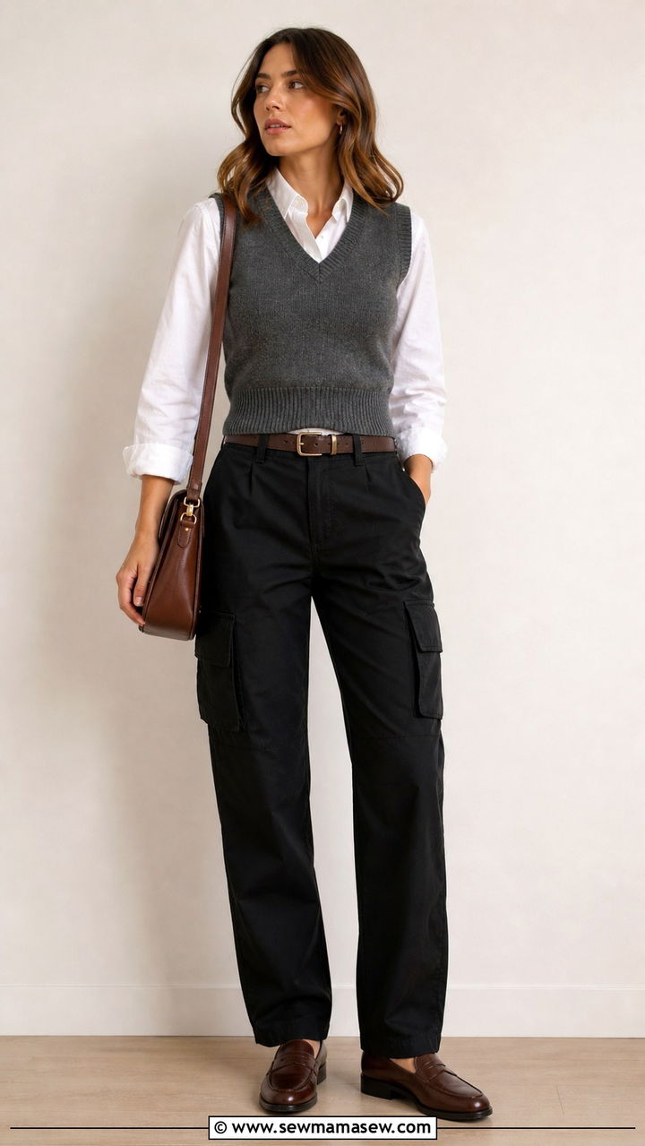 Cargo Pants With Sweater Vest and Loafers - 40 cargo pants outfit ideas