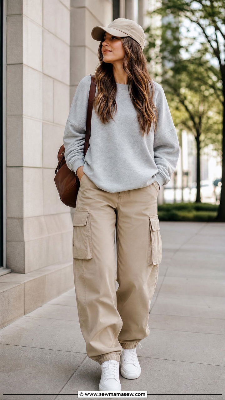 Cargo Pants With Sweatshirt And Baseball Cap Outfit - 25 cargo pants outfits for women over 40