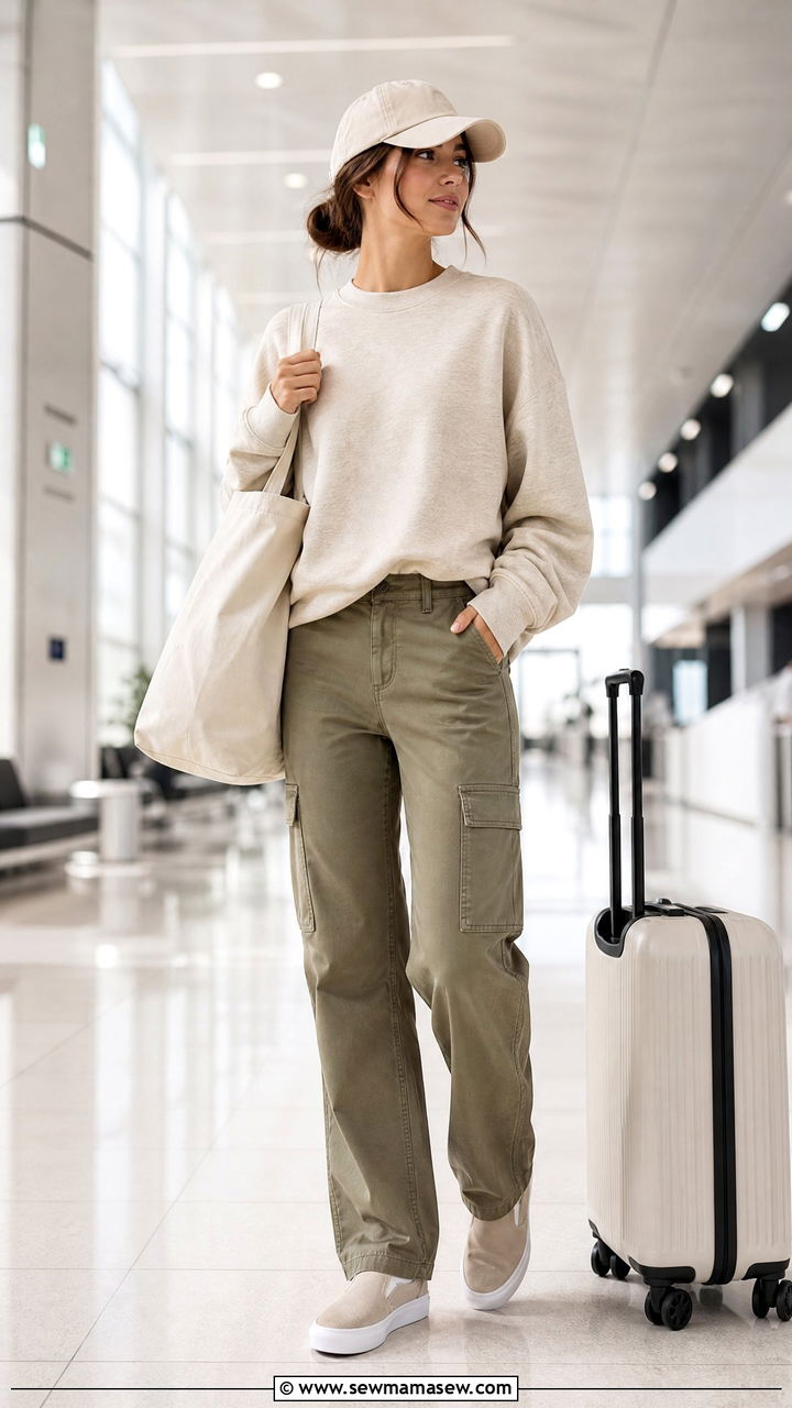 Cargo Pants With Sweatshirt and Slip On Sneakers Travel Outfit - 25 cargo pants outfits aesthetic