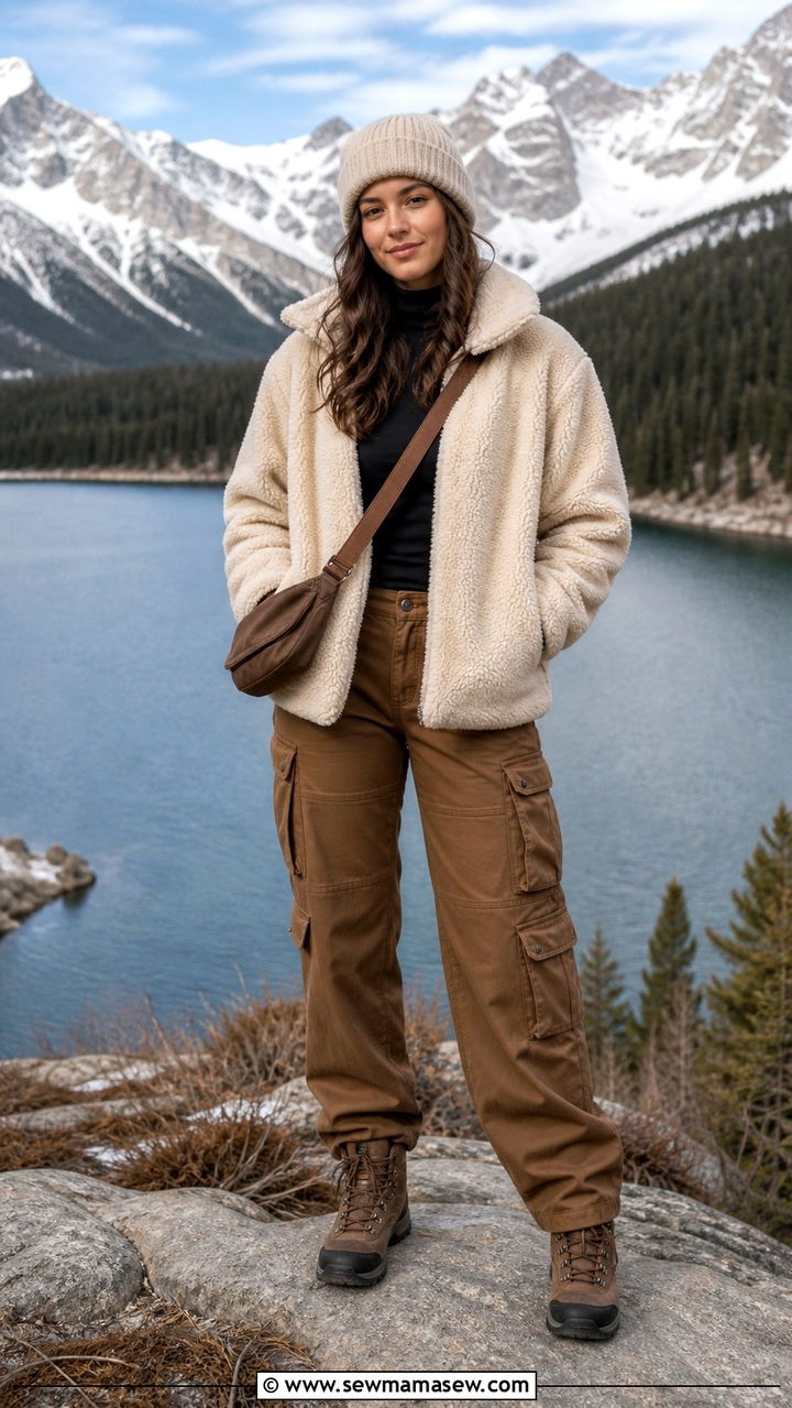 Cargo Pants With Teddy Jacket and Hiking Boots - 40 cargo pants outfit ideas