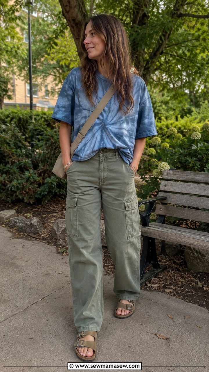 Cargo Pants With Tie Dye Tee And Birkenstock Sandals - 30 Cargo pants outfit ideas for summer
