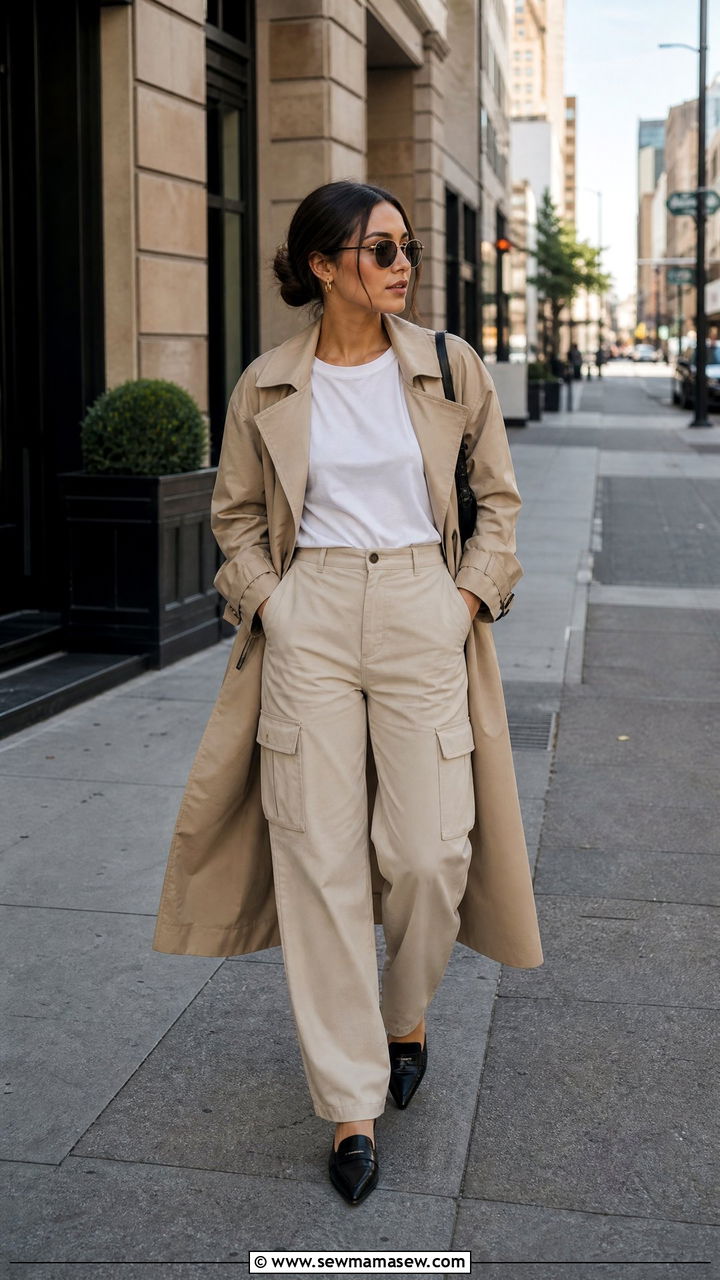 Cargo Pants With Trench Coat And Pointed Loafers - 25 Cargo pants outfit ideas petite
