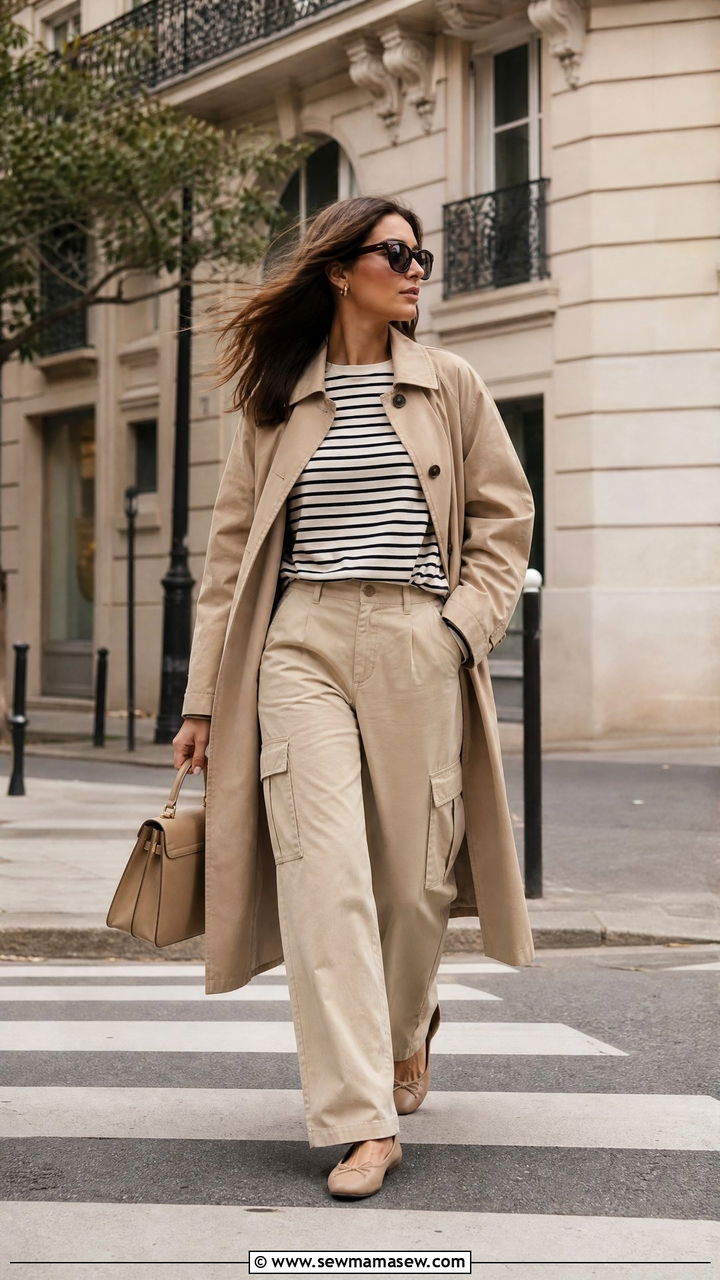 Cargo Pants With Trench Coat and Ballet Flats - 30 cute cargo pants outfits
